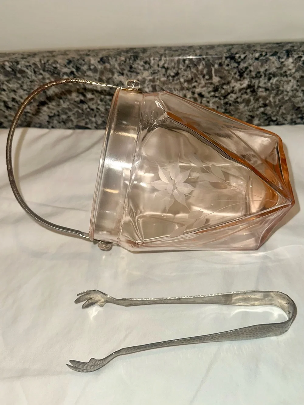 Vintage Pink Depression Glass Art Deco Ice Bucket & Tongs Set